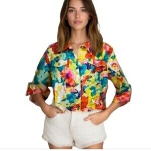 Ruby Rd Watercolor Floral Linen Button Front Jacket Multicolor Abstract Size Xl